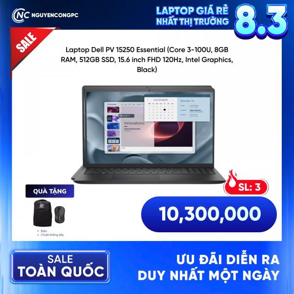 Laptop Dell PV 15250 Essential (Core 3-100U, 8GB RAM, 512GB SSD, 15.6 inch FHD 120Hz, Intel Graphics, Black, NK Full VAT)