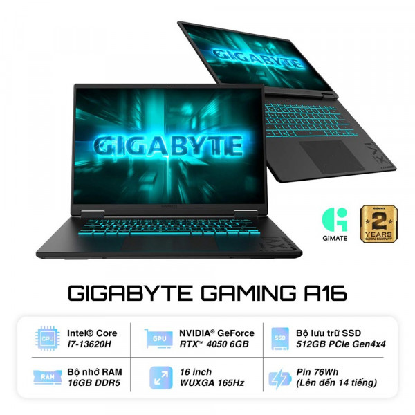 Laptop Gaming Gigabyte A16 CMHI2VN893SH (Core i7-13620H, RTX 4050 6GB, 16GB RAM, 512GB SSD, 16 inch WUXGA 165Hz, Windows 11)