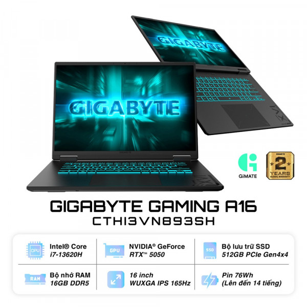 Laptop Gaming Gigabyte A16 CTHI3VN893SH (Core i7-13620H, RTX 5050 8GB, 16GB RAM, 512GB SSD, 16 inch IPS FHD+ 165Hz, Windows 11, Black)