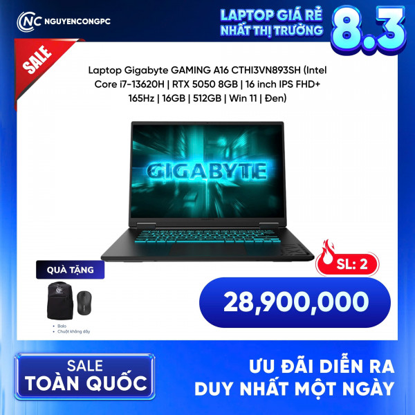 Laptop Gaming Gigabyte A16 CTHI3VN893SH (Core i7-13620H, RTX 5050 8GB, 16GB RAM, 512GB SSD, 16 inch IPS FHD+ 165Hz, Windows 11, Black)