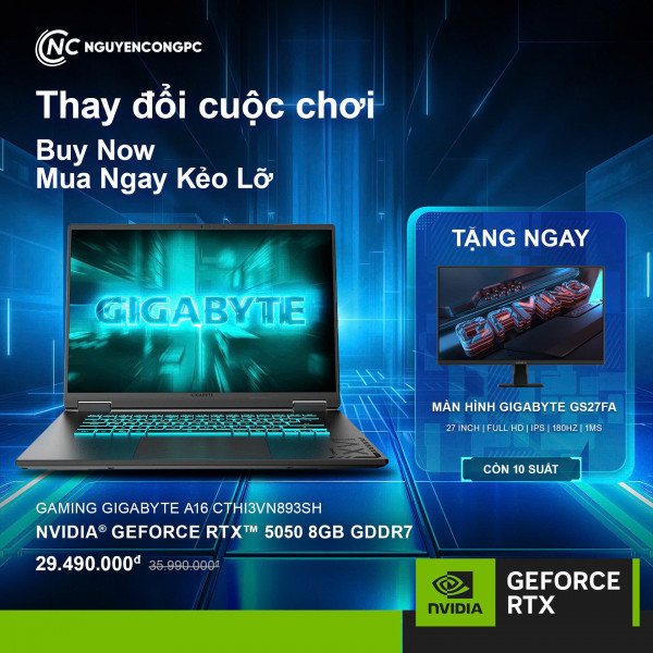Laptop Gaming Gigabyte A16 CTHI3VN893SH (Core i7-13620H, RTX 5050 8GB, 16GB RAM, 512GB SSD, 16 inch IPS FHD+ 165Hz, Windows 11, Black)