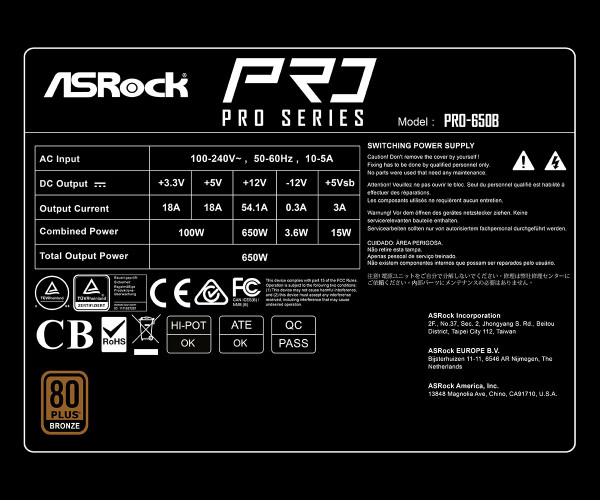 Nguồn máy tính ASRock PRO-650B 650W (80 PLUS Bronze)