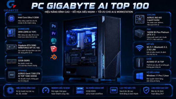 Bộ PC GIGABYTE AI TOP 100 : Ultra 9 285K / 32GB DDR5 / SSD 2T + 320G / RTX 5080 16G 
