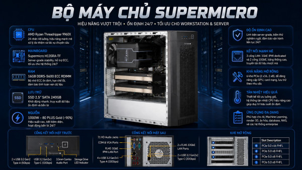 Bộ máy chủ Supermicro VFG-AS-531AW-TC-467 (AMD Ryzen Threadripper 9960X, 16GB DDR5 ECC, SSD 240GB)