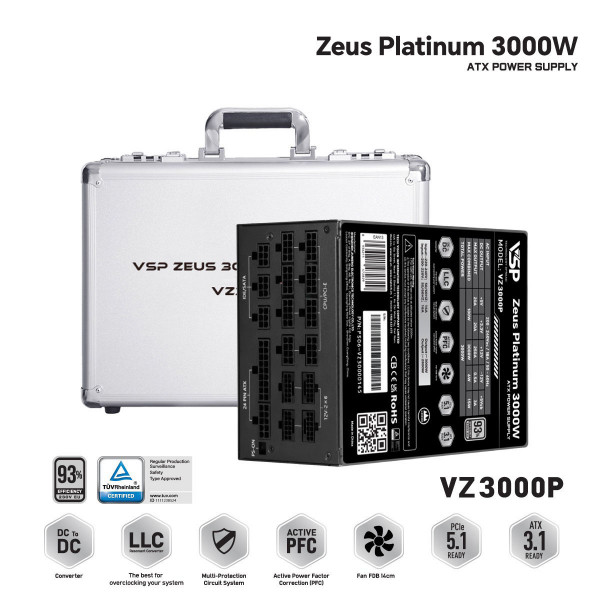 Nguồn máy tính VSP Zeus Platinum VZ3000P 3000W (80 Plus Platinum, Full Modular, Màu đen)