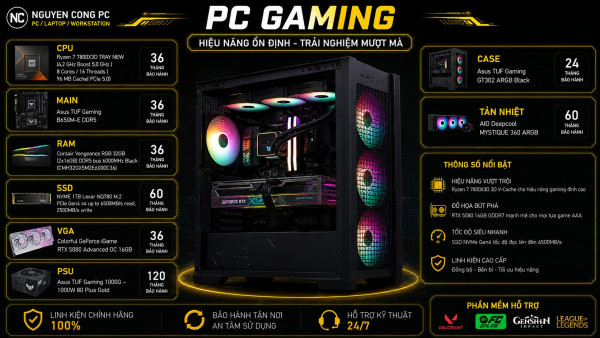 Bộ PC Gaming Ryzen 7 7800X3D, RAM 32GB, RTX 5080 16GB