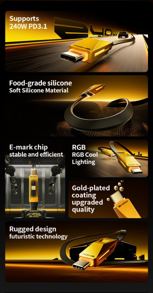 Cáp sạc nhanh Movespeed RGB Cyber CC02 (240W, 1m, Yellow)