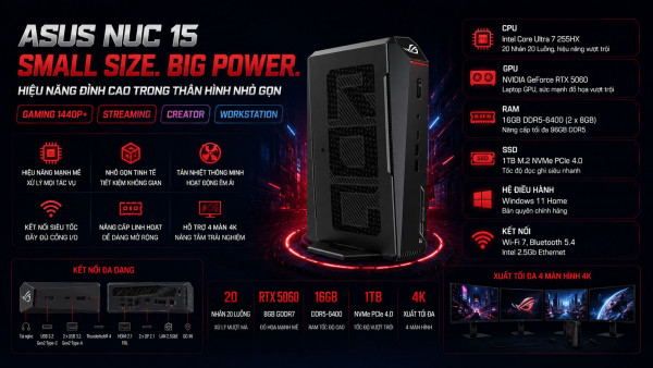 Bộ PC  ASUS NUC 15 RNUC15JNK7X569A0 Intel Core Ultra 7 255HX, RAM 16GB, GeForce RTX 5060
