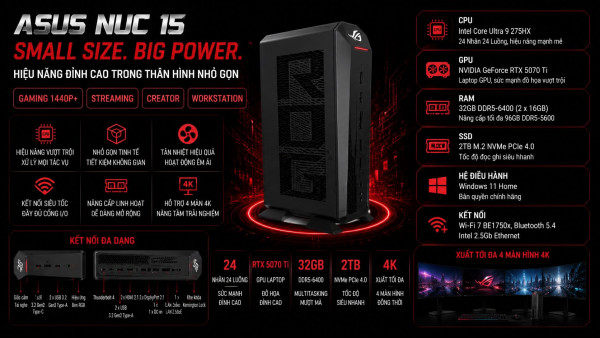Bộ PC Gaming ASUS ROG NUC 15 RNUC15JNK9X38AA3 Intel Core Ultra 9 275HX, RAM 32GB, GeForce RTX 5070 Ti