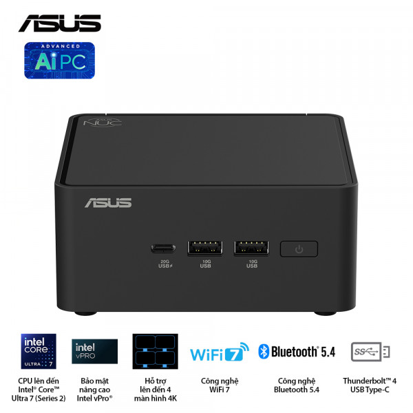 Bộ PC Mini Intel Asus NUC 15 PRO Tall (U7- 255H/2xDDR5-6400/2xNVMe,SATA/ 2x HDMI 2.1/2x Thunderbolt/ VESA MOUNT) - RNUC15CRHU700000I
