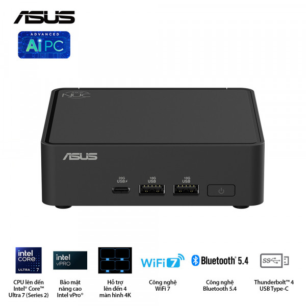 Bộ PC Mini Intel Asus NUC 15 PRO Slim (U300/2xDDR5-5200/1xNVMe/ 2x HDMI 2.1/1x Type-C/ VESA MOUNT)