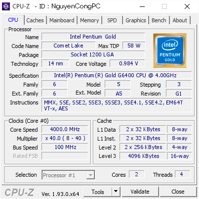 Intel Pentium Gold G6400 CPU Z