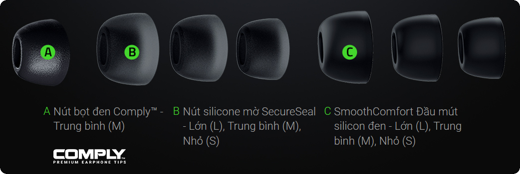 6 bộ đầu mút silicone đi kèm với Tai Nghe Razer Hammerhead True Wireless Pro