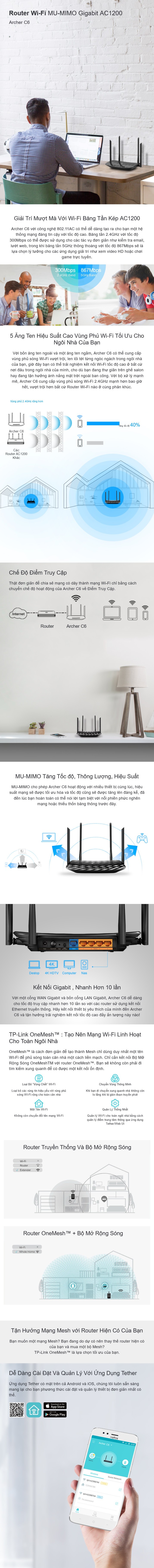 Bộ phát WIFI Router TP-Link Archer C6 Băng Tần Kép AC1200