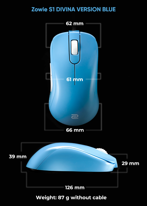 Kích thước của chuột Zowie S1 Divina Blue