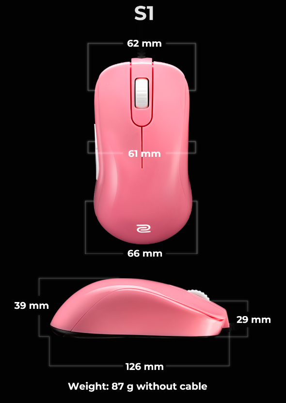 Kích thước của chuột Zowie S1 Divina Pink