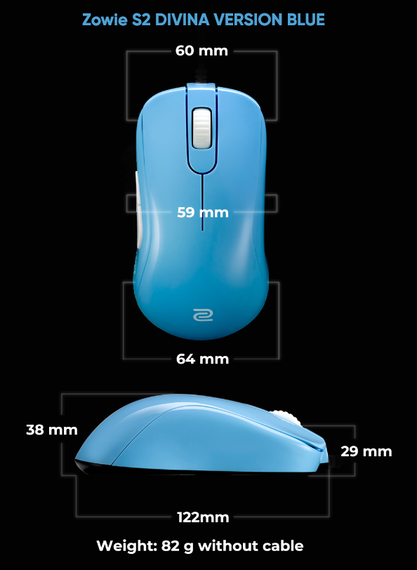Kích thước của chuột Zowie S2 Divina Blue