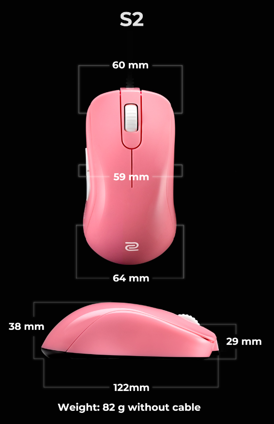 Kích thước của chuột Zowie S2 Divina Pink